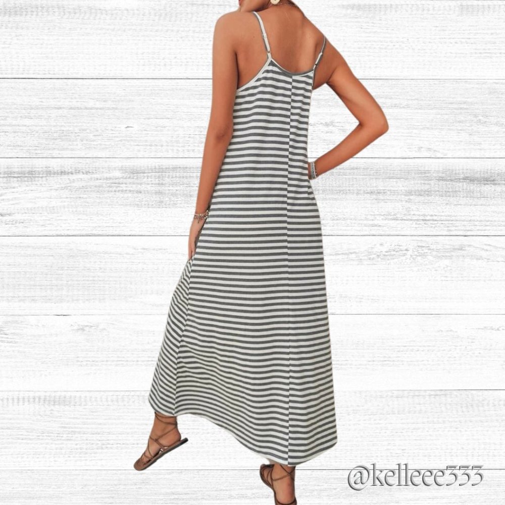Gray Striped Cami Maxi Dress Sz 8/10 - Picture 2 of 6